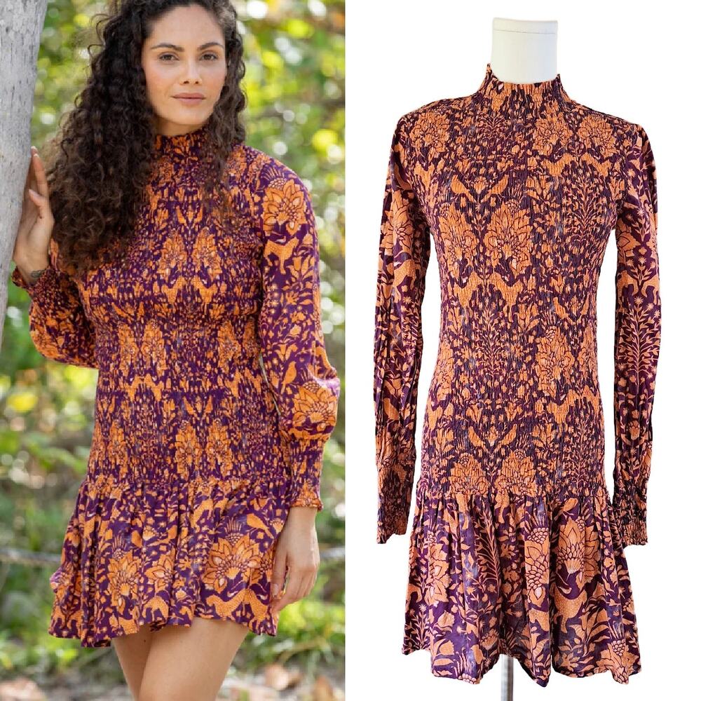 Bindu Clothilde Mini Dress Small Safari Purple Orange Smocked Mock Neck Printed